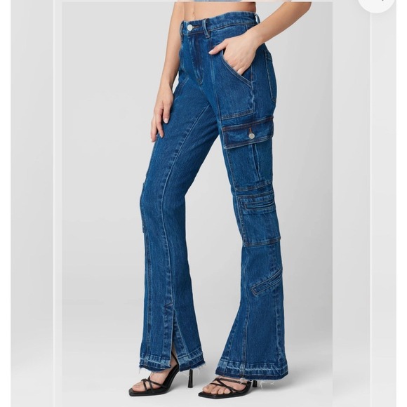 Blue Denim Cargo Flare Pants - Women - Picture 2 of 13